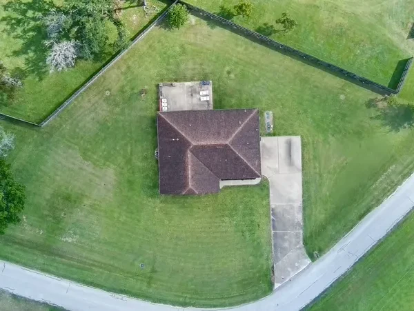Aerial drone view of residential property